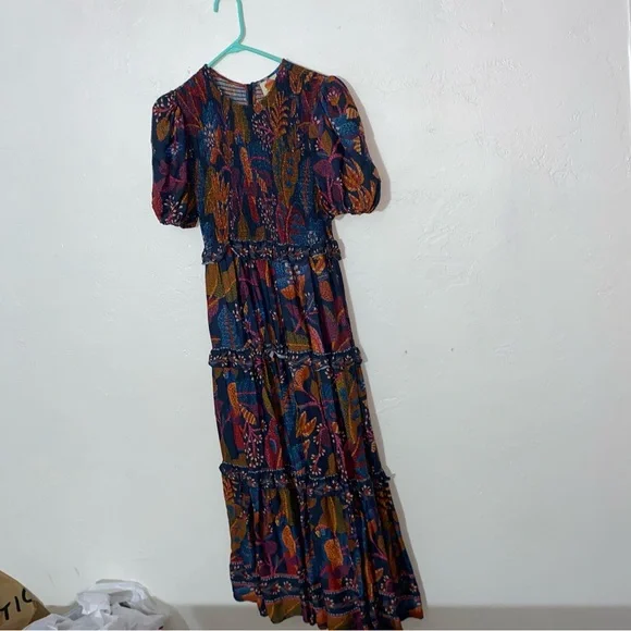 Farm Rio Short-Sleeve Crew-Neck Tiered A-Line Maxi Dress floral leaf pattern S - Picture 9 of 16